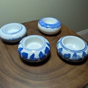 Vtg 4 Cobalt Blue White Ceramic Tealight Candle Holder (Chinese? Handprinted)